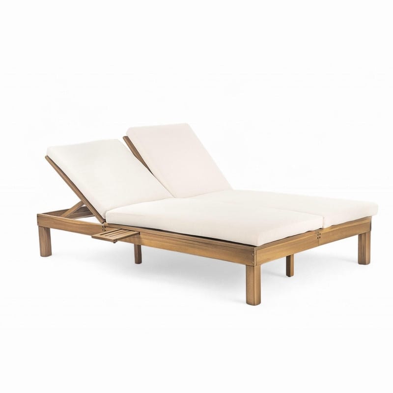 Acacia Wood Double Outdoor Chaise Lounge with 5-Position Adjustable Backrest
