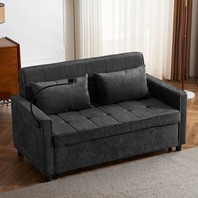 Roomfitters Loveseat Sleeper Sofa Bed with USB Ports, Reversible Cushion, Side Pockets and Phone Holder