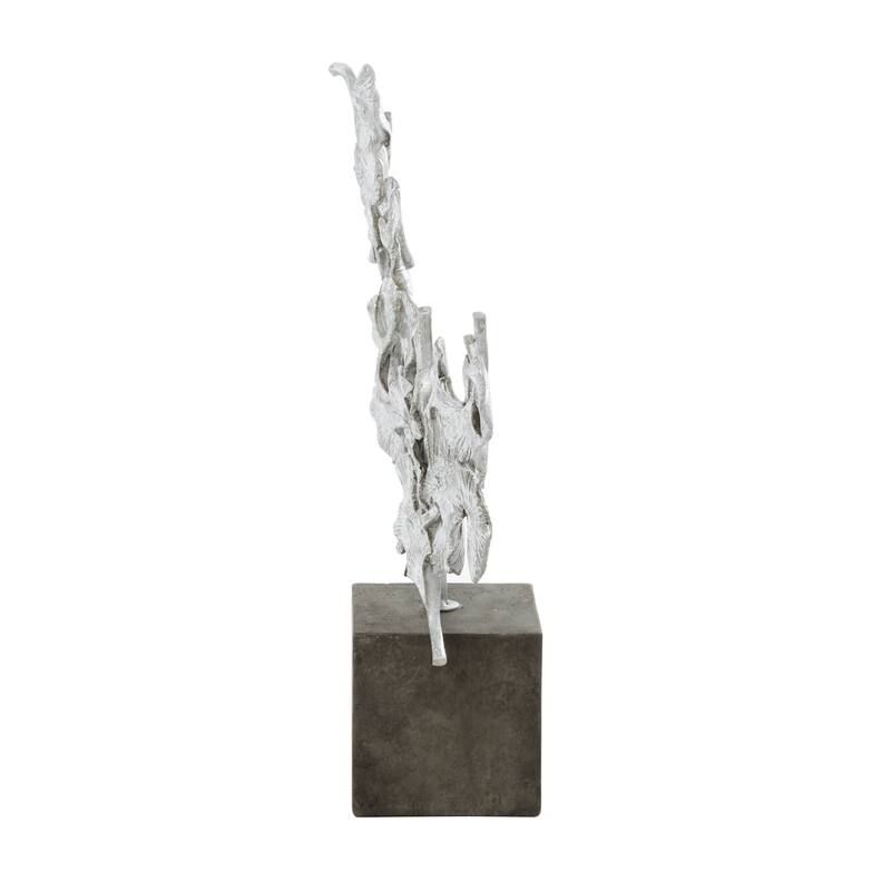 Silver Polystone Floral Decorative Sculpture with Black Block Base