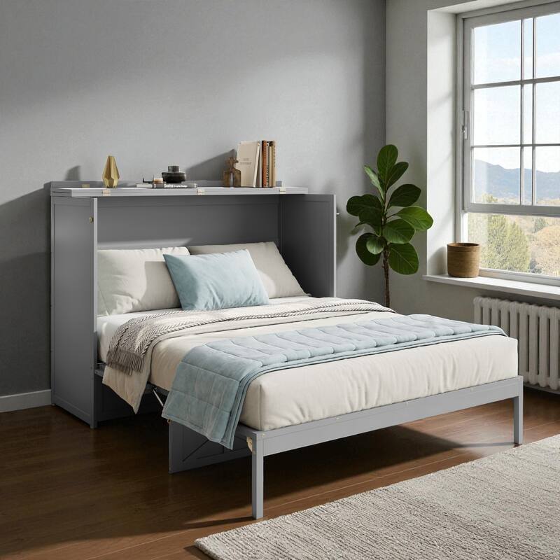 Queen Size Murphy Bed with USB Ports and Large Storage Drawers, Space-Saving Wall Bed Cabinet, Modern Brushed Finish