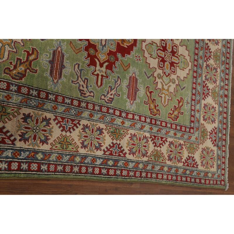 Light Green Geometric Kazak Area Rug Handmade Wool Carpet - 5'0" x 7'0"