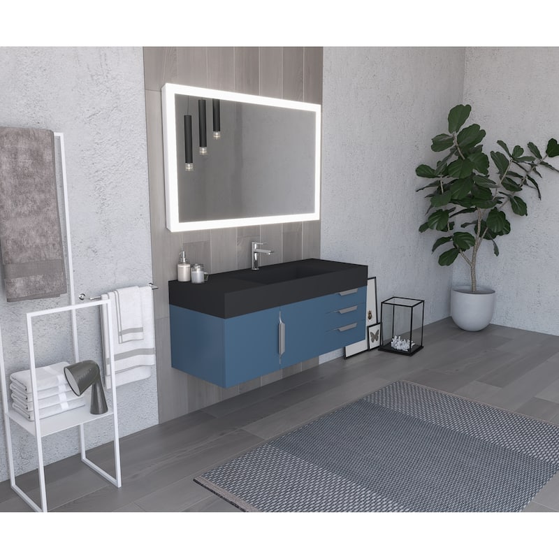 Amazon 48" Wall Mounted Bathroom Vanity Set w/ Black Top