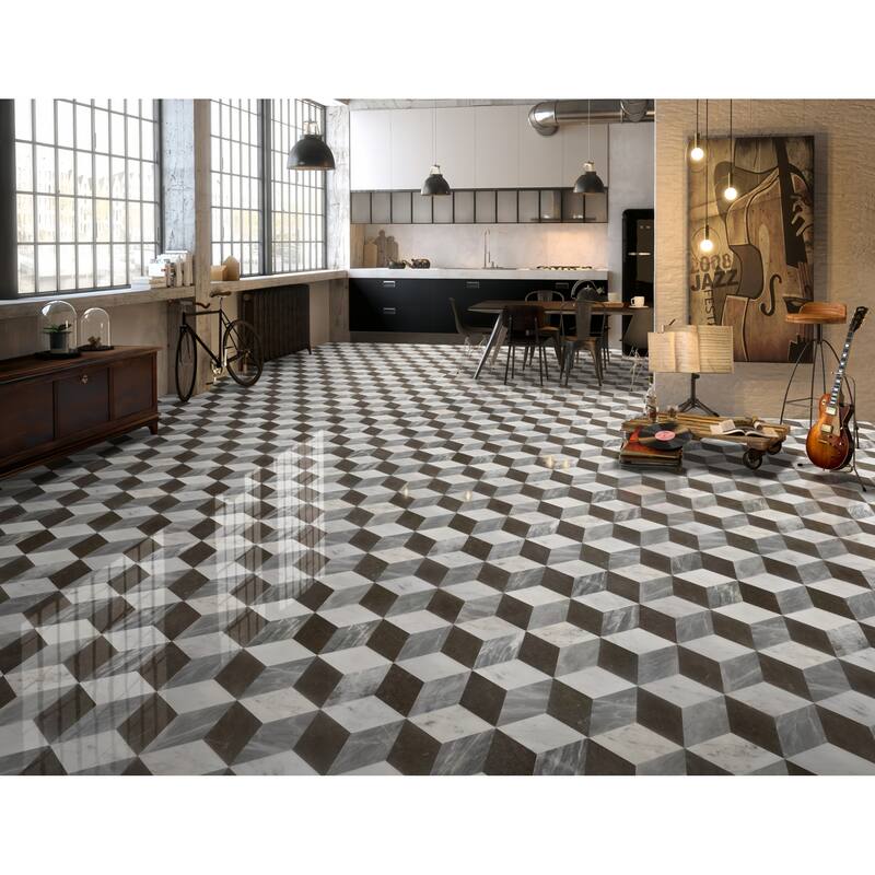 Roomfitters Hexagon Waterjet Marble Tile for Floor and Wall, Polished Natural Stone, Genuine Marble, 12-Piece Box, Gray Black - Black+Grey,White+Black,White+gray