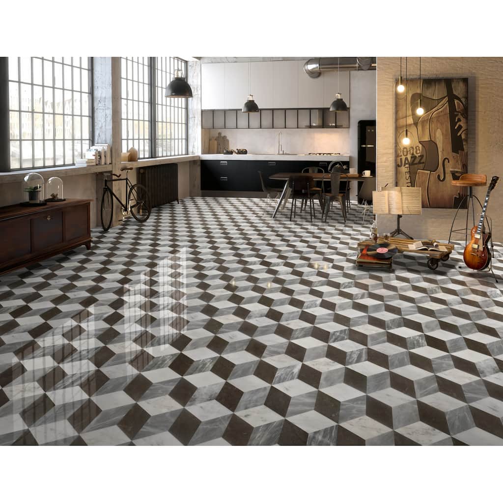 Roomfitters Hexagon Waterjet Marble Tile for Floor and Wall, Polished Natural Stone, Genuine Marble, 12-Piece Box, Gray Black