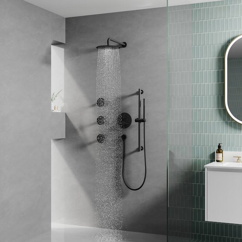 3-Function Shower System With 10" Ultra-Thin Round Shower Head,Body Jets And Hand Shower(Valve Included)