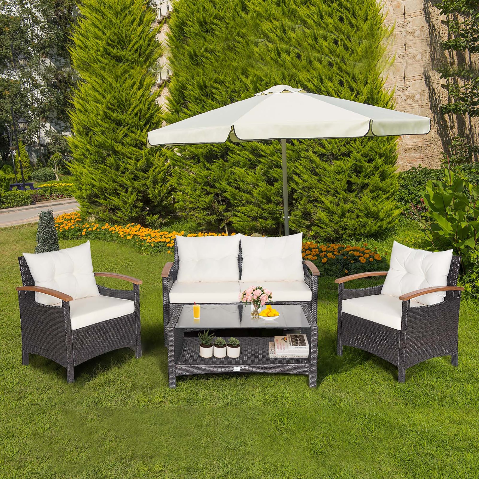 Costway 4PCS Patio Rattan Furniture Set Cushioned Sofa Storage Table