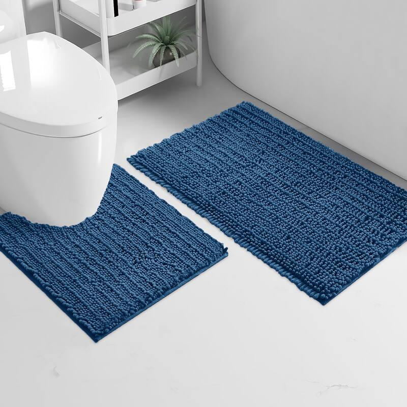 2 Piece Set Blue Soft Cozy Plush Chenille Bath Mat Bathroom Rug - 30"x20" + 20"x20" - Blue