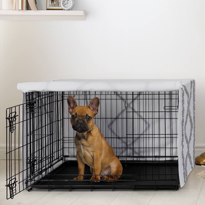 Sweet Jojo Designs Boho Bohemian Dog Crate Kennel Cover 30in Grey and White Farmhouse Shabby Chic Modern Gray Tuft Tufted Cotton