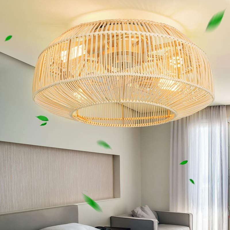 20 in. Indoor 4-Lights Gold Rattan Ceiling Fan with Light and Remote, Flush Mount Ceiling Fan, No Bulbs Included - Remote