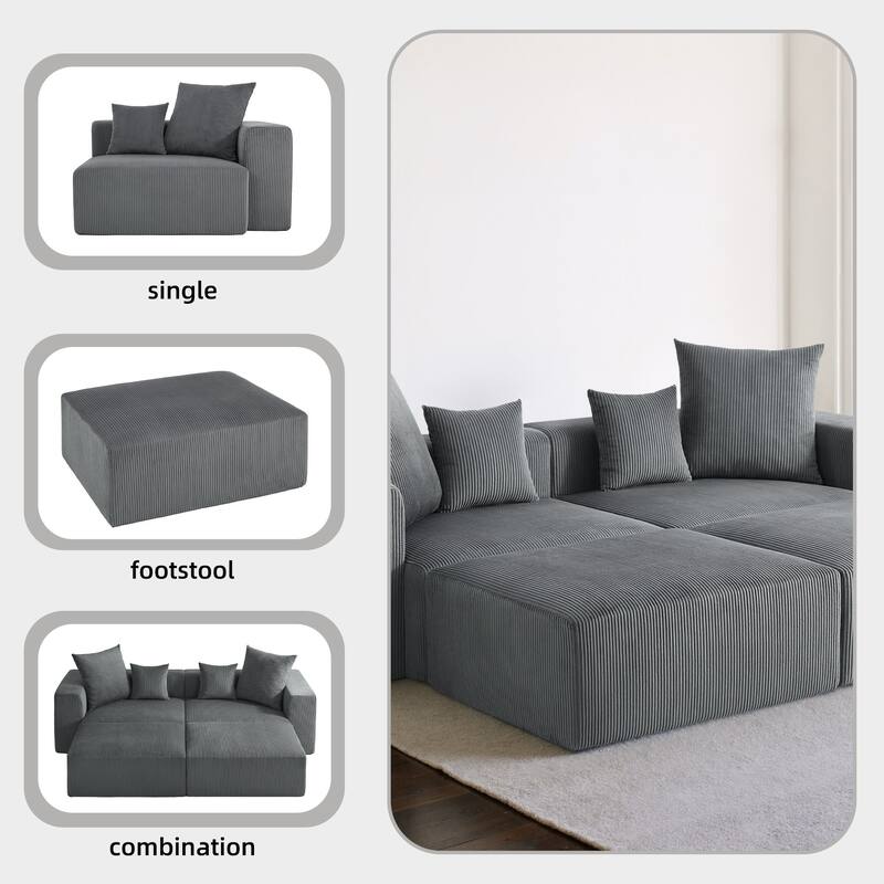 4-Piece Modern Corduroy Modular Sectional Sofa Set with 4 Throw Pillows
