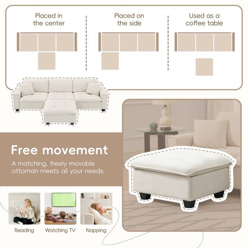 100" Modern Convertible Sectional Sofa - Velvet L Shape Couch with Pillows and Ottoman