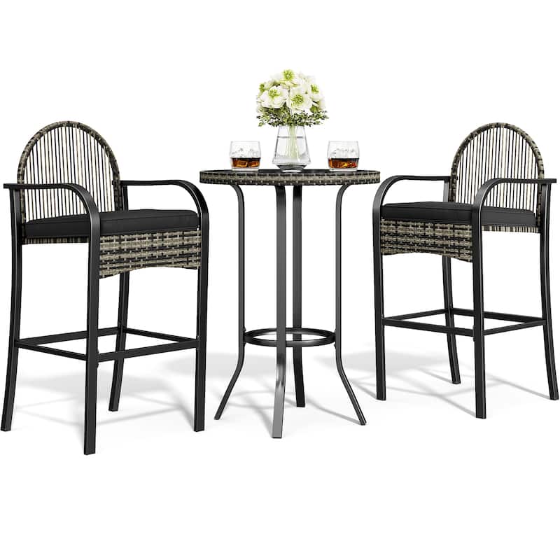 Moasis 3-Piece Outdoor Wicker Bar Height Bistro with Soft Cushions - 3PCS - Grey&Black
