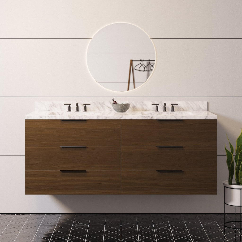 KitchenBathCollection Oslo 60" Floating Wall-Mounted Double Bathroom Vanity with Carrara Marble Top