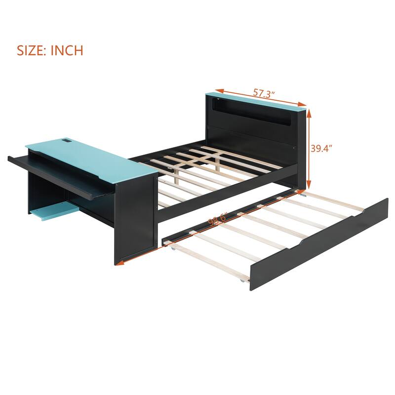 Wood Daybed with Trundle & Built-in Desk, LED Lights & USB Charging Port, Available in Full or Twin