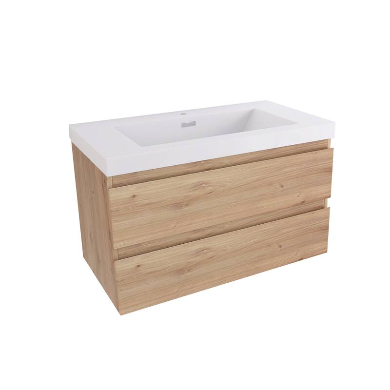 MDF Wall-Mounted Bathroom Vanity Set in Oak with Integrated Culture Marble Sink
