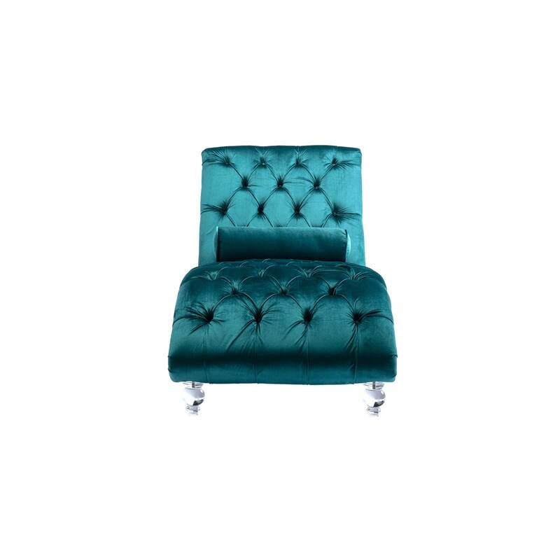 Velvet Chaise Lounge Chair with Toss Pillow,Tufted Button Lounge Chair with Acrylic Legs,Teal