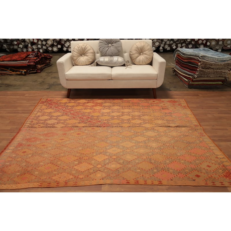 Hand Woven Oriental 100% Wool Carpet Southwestern Tribal Oranges & Rust Kilim Area Rug - 7' 4'' X 6' 1''