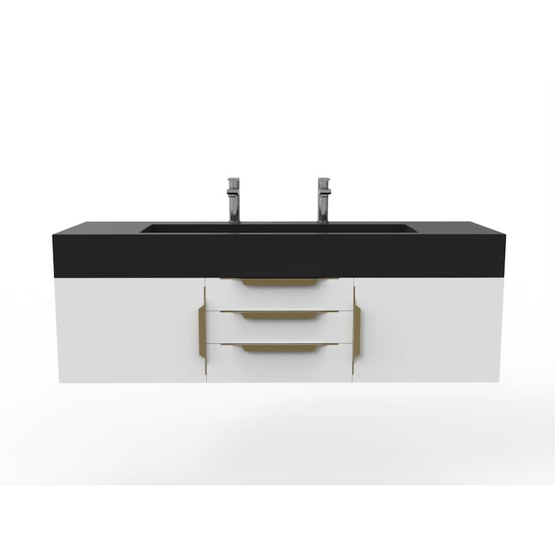 Nile 60" Wall Mounted Bathroom Vanity Set w/ Black Top - White - Gold Finish