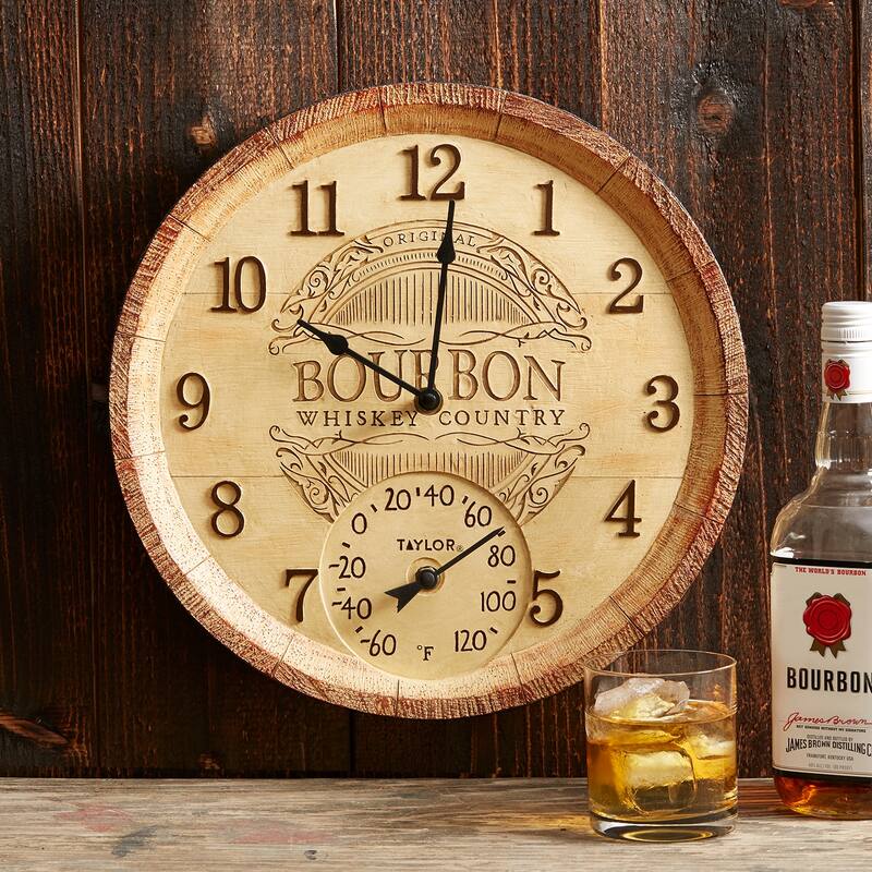 Taylor Poly Resin Bourbon Barrel Clock with Thermometer, 14x14 Inch
