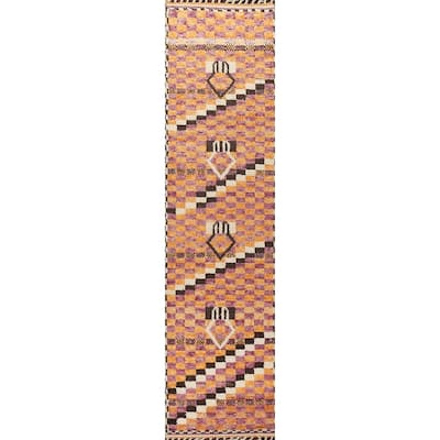 Checkered Modern Moroccan Oriental Runner Rug Hand-knotted Wool Carpet - 2'11" x 12'11"