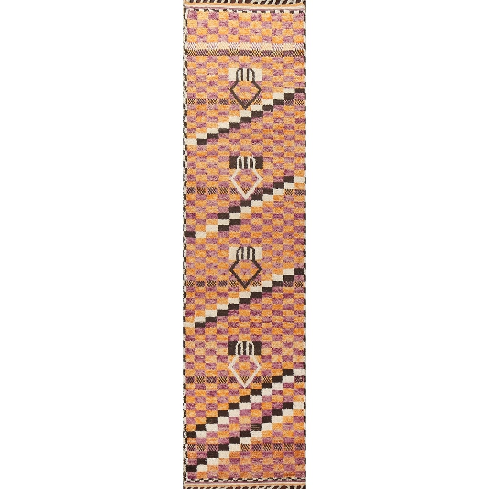 Checkered Modern Moroccan Oriental Runner Rug Hand-knotted Wool Carpet - 2'11" x 12'11"