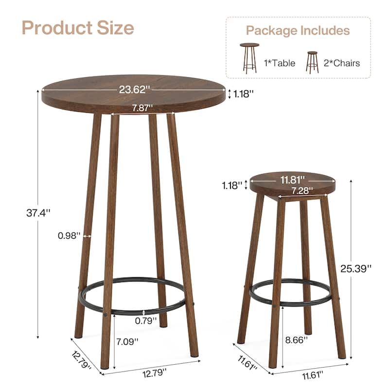 Industrial Pub Table Set: 23.6" Round Bar Table with 2 Stools