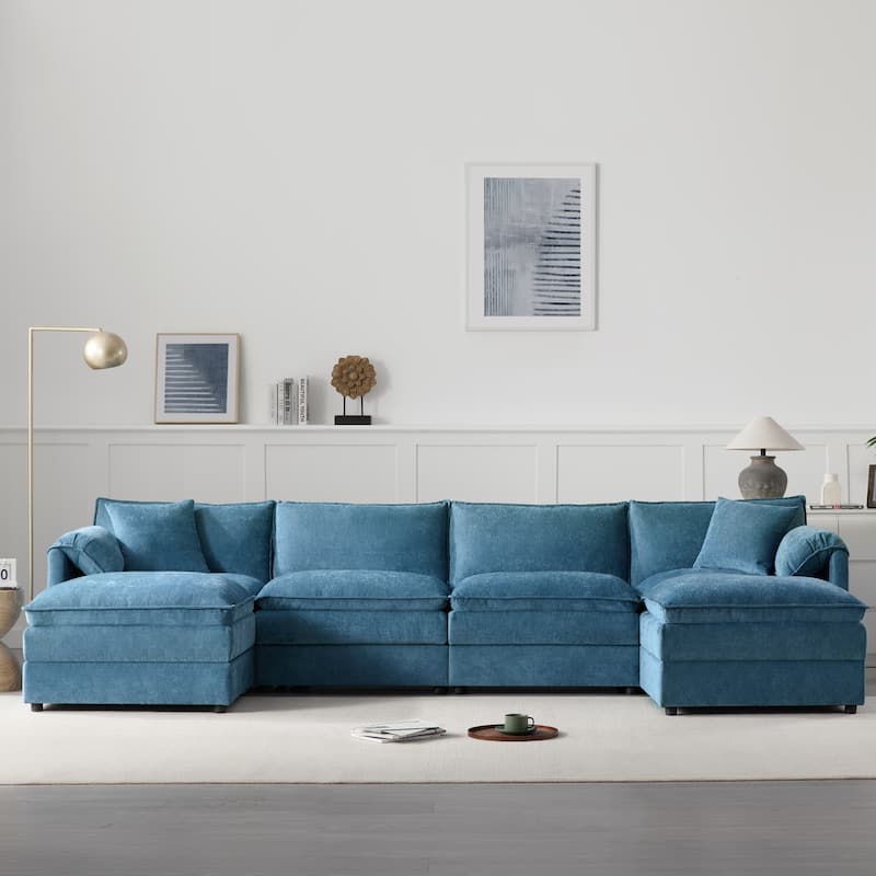 Roomfitters 136" Chenille Sectional Sofa, U Shaped Cloud Couch with Deep Wide Seat, 6 Seat Sofa with Ottoman