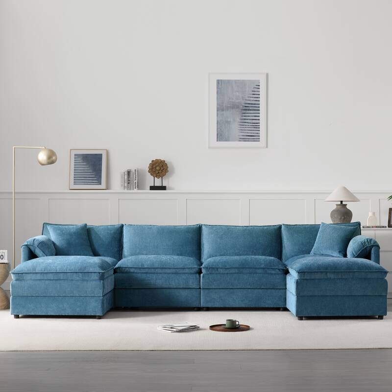 U-Shaped Modular Sectional Sofa with Ottomans, Oversized Chenille Upholstered Cloud Couch, 6-Seater Sofa with Double Cushions