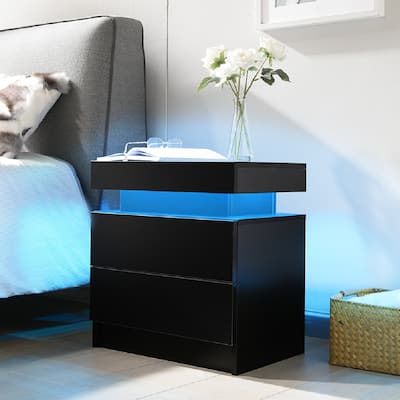 Nightstand Table with 2 Drawers, Wooden Cabinet Unit with LED Lights for Bedroom, End Table Side Table for Bedroom Living Room