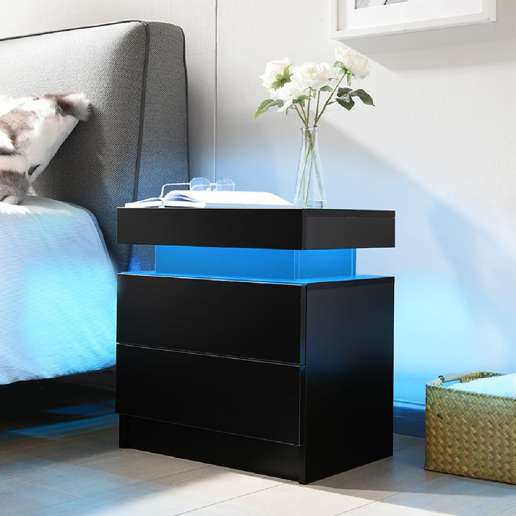 Nightstand Table with 2 Drawers, Wooden Cabinet Unit with LED Lights for Bedroom, End Table Side Table for Bedroom Living Room