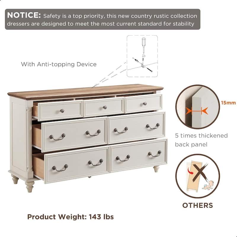 Farmhouse 7 Drawers Dresser Chests, Rustic Wood Chest of Drawers