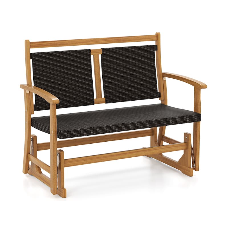 Comfortable Rattan Patio Glider with Wooden Frame and Swing Rocking Armchair for Outdoor Furniture