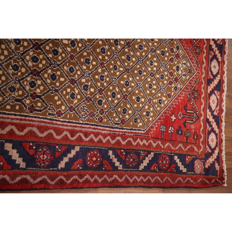 Hand Knotted Oriental 100% Wool Carpet Traditional Geometric Brown Koliaei Runner Rug - 9' 4'' X 3' 9''