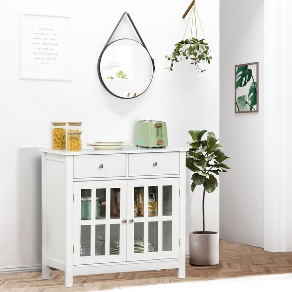 Homcom Sideboard Buffet Cabinet Kitchen Storage Cabinet Cupboard Console Table with Glass Doors Drawers for Bar Dining Room Hallway Grey