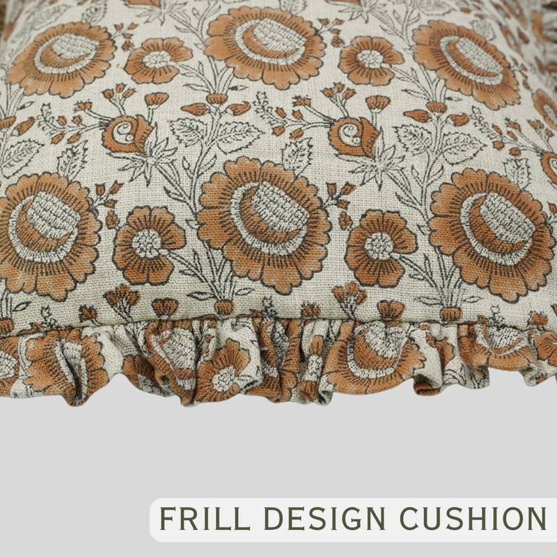 Fabdivine Heavy Linen Floral Ruffled Both Side Cushion Cover Home Décor Accent