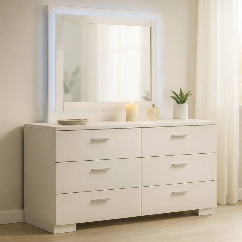 Sok Wide Dresser with LED Mirror, 6 Drawers, White High Gloss Finish