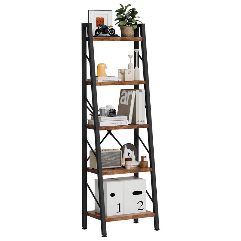 5-Tier Slanted Bookshelf with Fabric Drawer, Wood Storage Shelf