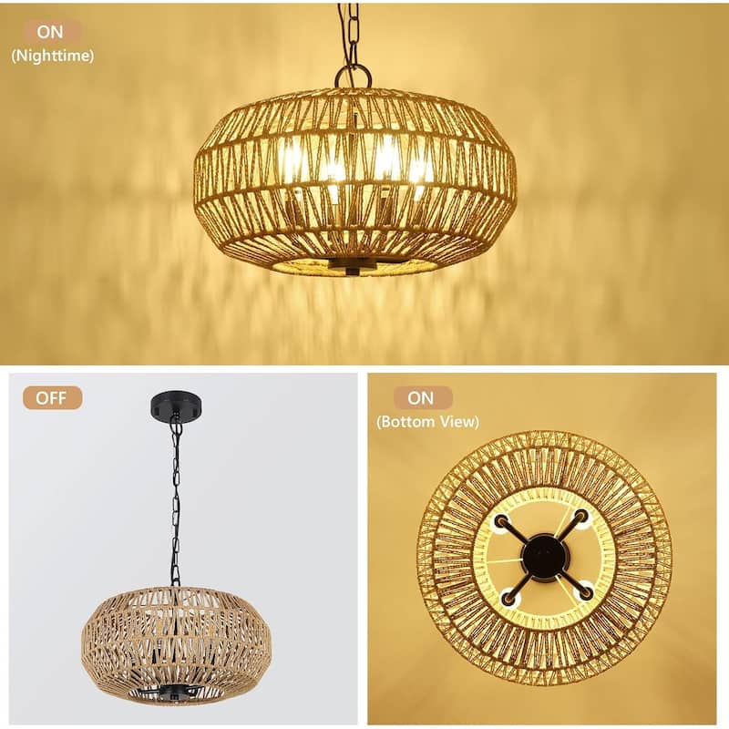 Farmhouse Rattan Pendant Lights,15.7" 4-Light Boho Chandelier Light Fixture,Wicker Hand Woven Basket Pendant Hanging
