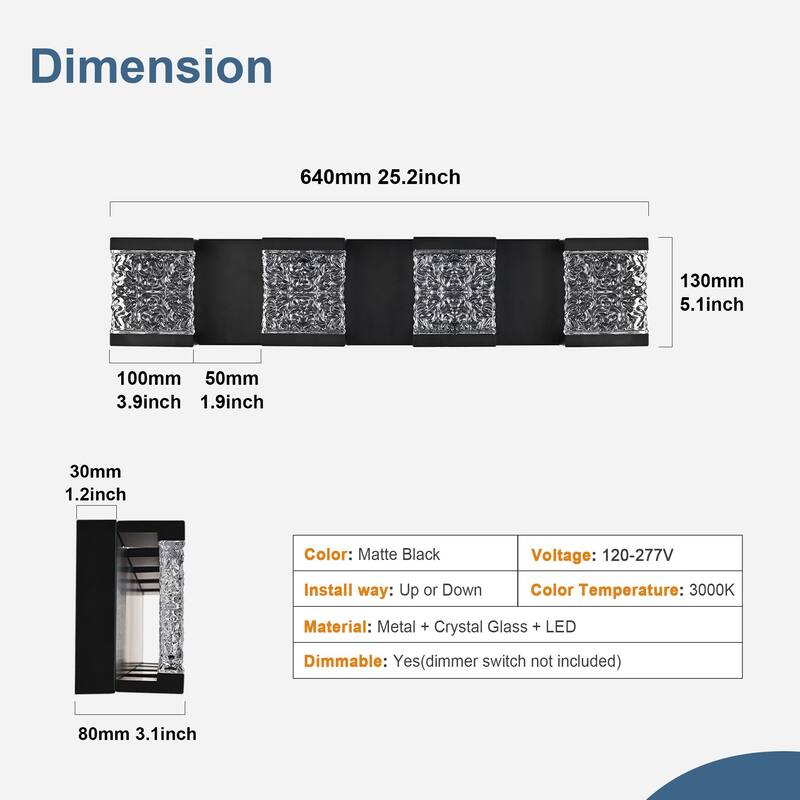25" 4-Light LED Vanity Light with Crystal Glass