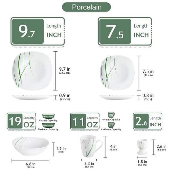 dimension image slide 3 of 9, VEWEET 20-Piece White Porcelain Dinnerware Set (Service for 4)