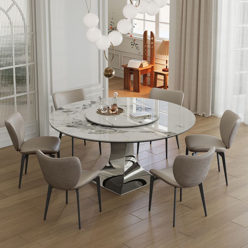 59" Round Sintered Stone Table Set – Black Titanium Base & 6 Gray Chairs, Scratch/Heat-Resistant‌.