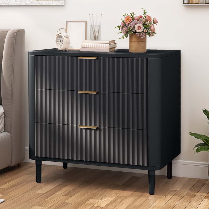 Moasis Modern Fluted 3-Drawer Dresser Chest of Drawers Natural Oak - Black