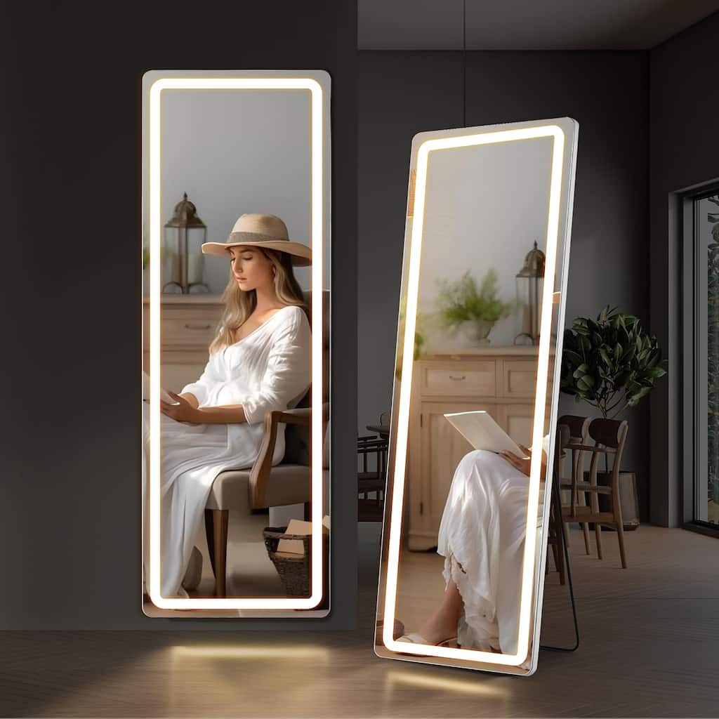 Floor Mirror with LED Light, 64" x 21" Full Length Mirror with Stand, Hanging Mirror Wall Mounted Mirror Full Body Mirror