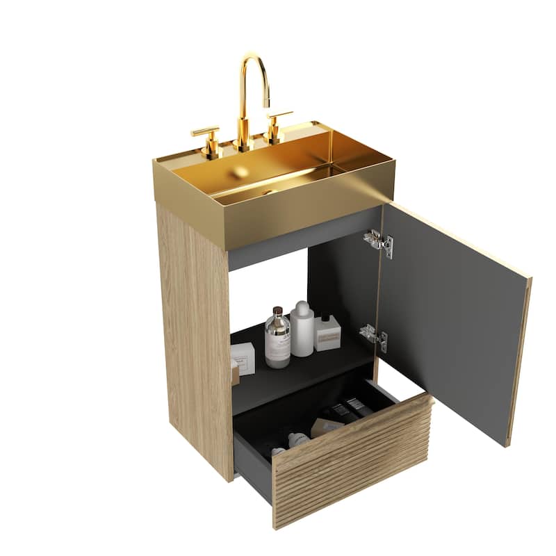 20" Striped Bathroom Vanity with Integrated Brushed Gold Stainless Steel Bathroom Sink, One-Piece Metal Basin without Faucet
