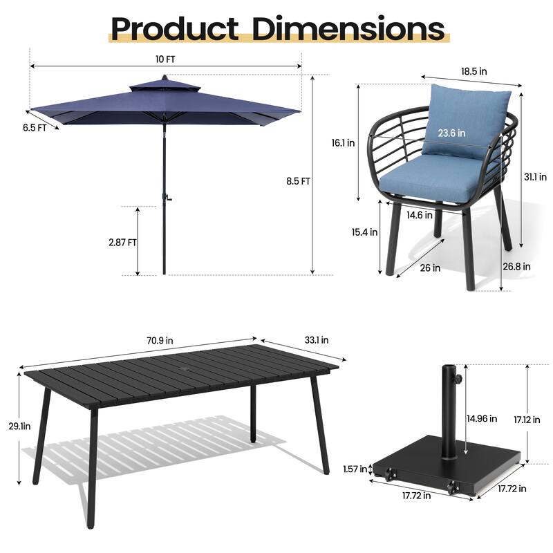 9PC Outdoor Patio Dining Set Aluminum Table with Sunbrella Cushion Chairs w/ Premium Market Umbrella Sets
