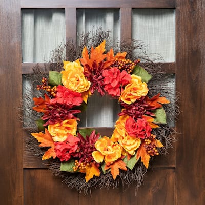 Peony and Mum Artificial Fall Harvest Wreath, 24-Inch