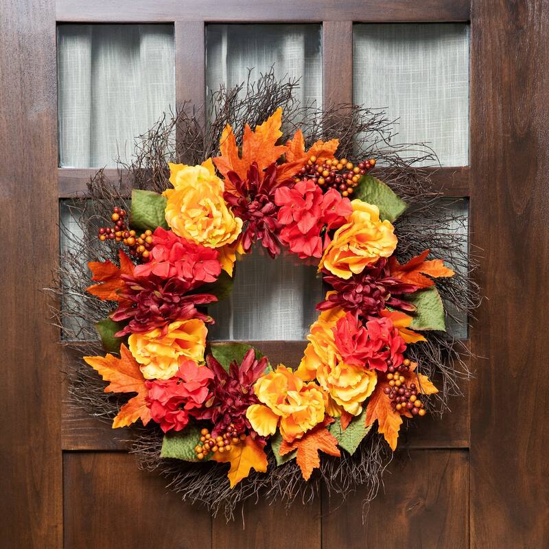 Peony and Mum Artificial Fall Harvest Wreath - 24"
