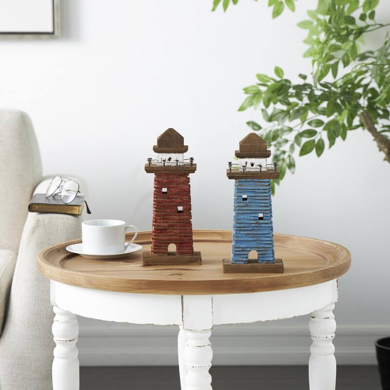 Wood Light House Distressed Decorative Sculpture with Blue and Brown Accents - Set of 2 Red - Roche River Decor