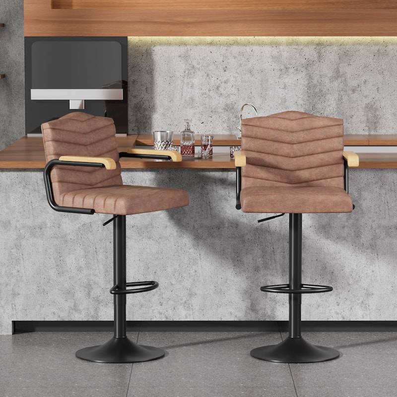 Javlergo 2-Piece & 4-Piece Adjustable Height Bar Stools Brown PU Leather with Armrests Arc Footrest Base for Kitchen or Bar