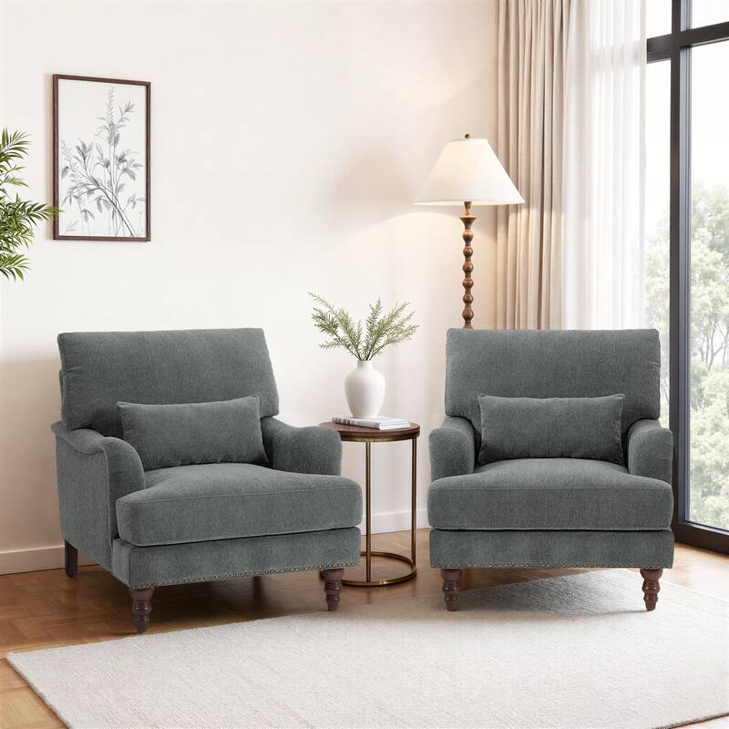 Chenille Accent Chairs with Lumbar Pillows Nailhead (Set of 2)